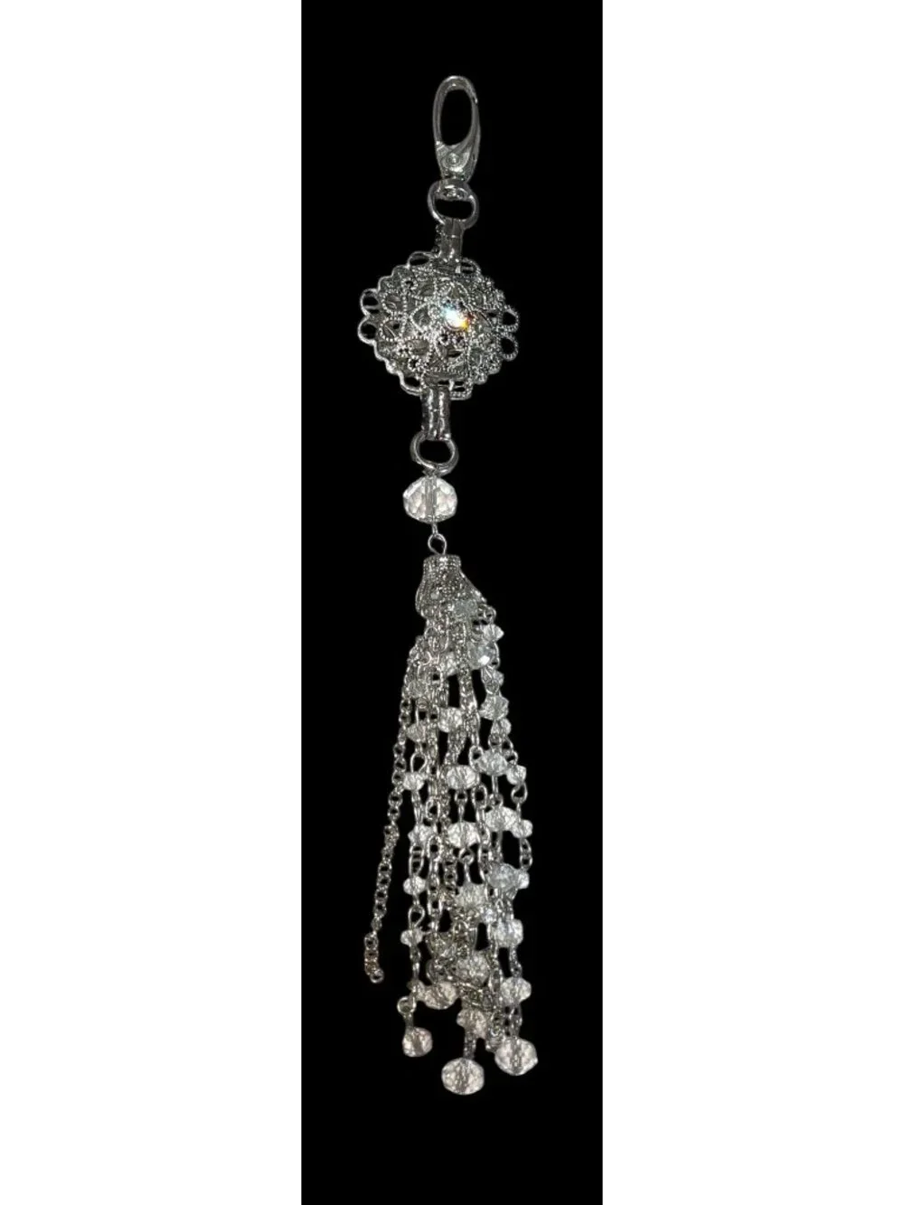 Glam Silver Crystal Tassel Keychain Filigree Rhinestone Beaded Bag Charm